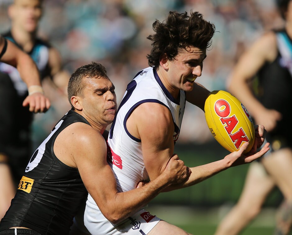 AFL 2015 Rd 23 - Port Adelaide v Fremantle Connor Blakely in action during his debut against Power last year - ${keywords}